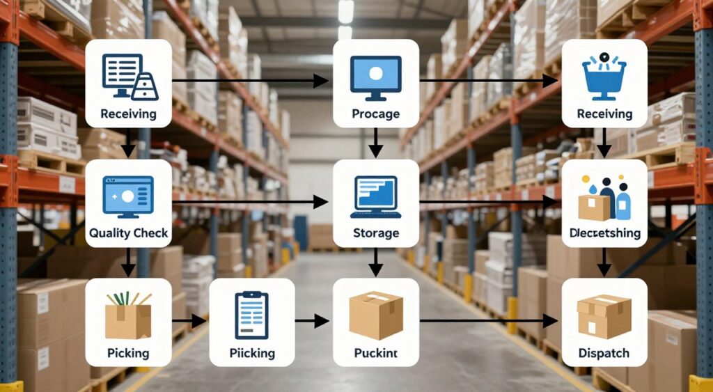 End-to-end warehouse operational flow diagram from receiving to dispatch