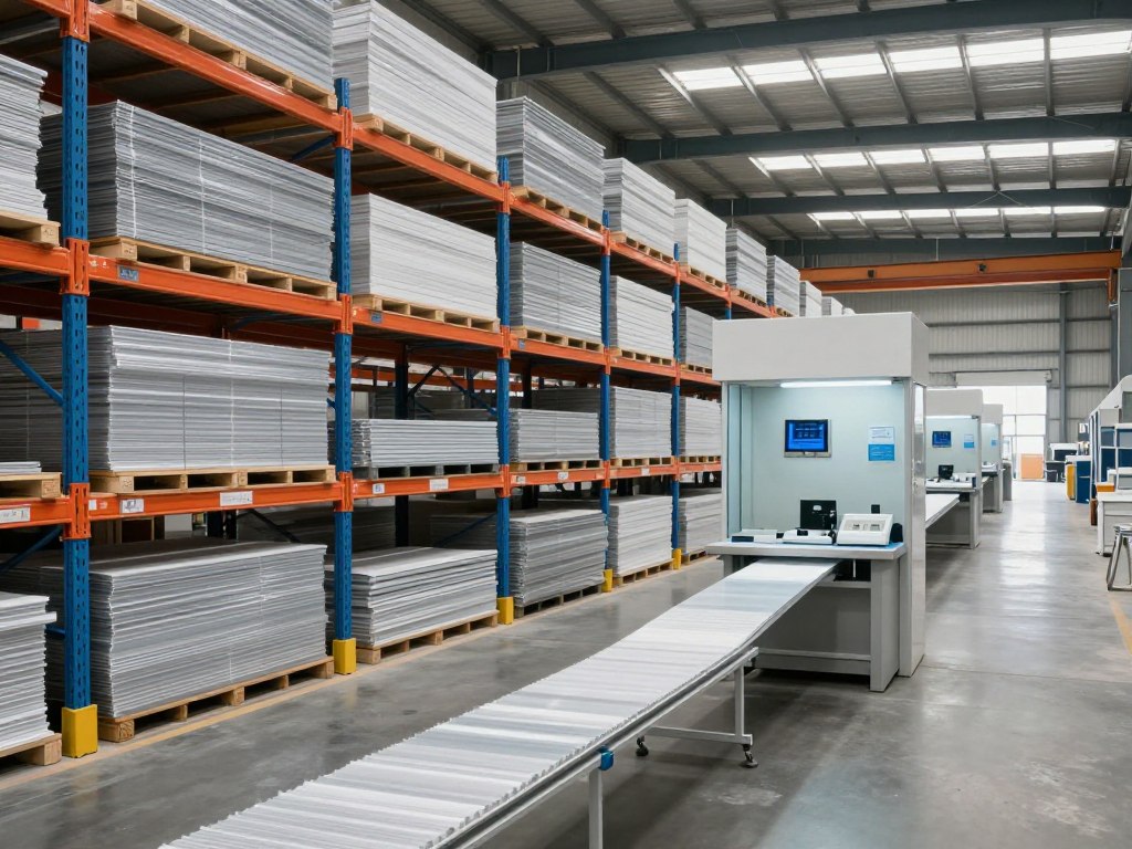 Manufacturing warehouse with raw materials and finished goods