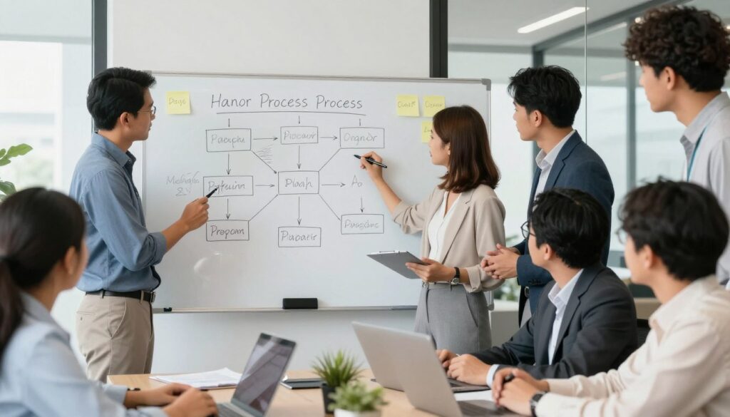 Tim konsultan supply chain sedang melakukan business process mapping