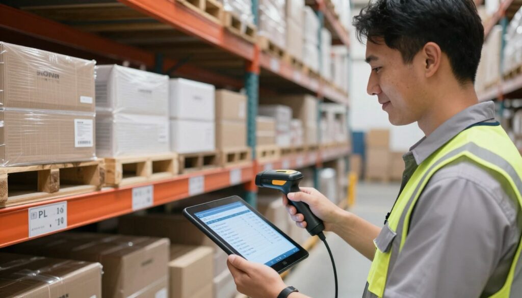 Warehouse staff using mobile barcode scanning system