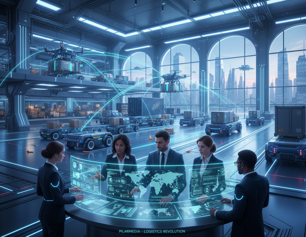 A futuristic logistics hub, showcasing advanced AI technologies transforming the supply chain. In the foreground, a diverse group of professionals in smart business attire collaborates around a high-tech control panel with holographic displays showing real-time data analytics and supply chain metrics. The middle layer features automated drones and robotic vehicles transporting goods efficiently within a bustling warehouse environment, illuminated by bright, soft lighting that accentuates the high-tech atmosphere. In the background, large windows reveal a city skyline, symbolizing global connections. The mood is innovative and dynamic, reflecting the revolutionary impact of AI on logistics. The scene conveys efficiency, collaboration, and the cutting-edge advancements of the logistics industry as curated by Pilarmedia.