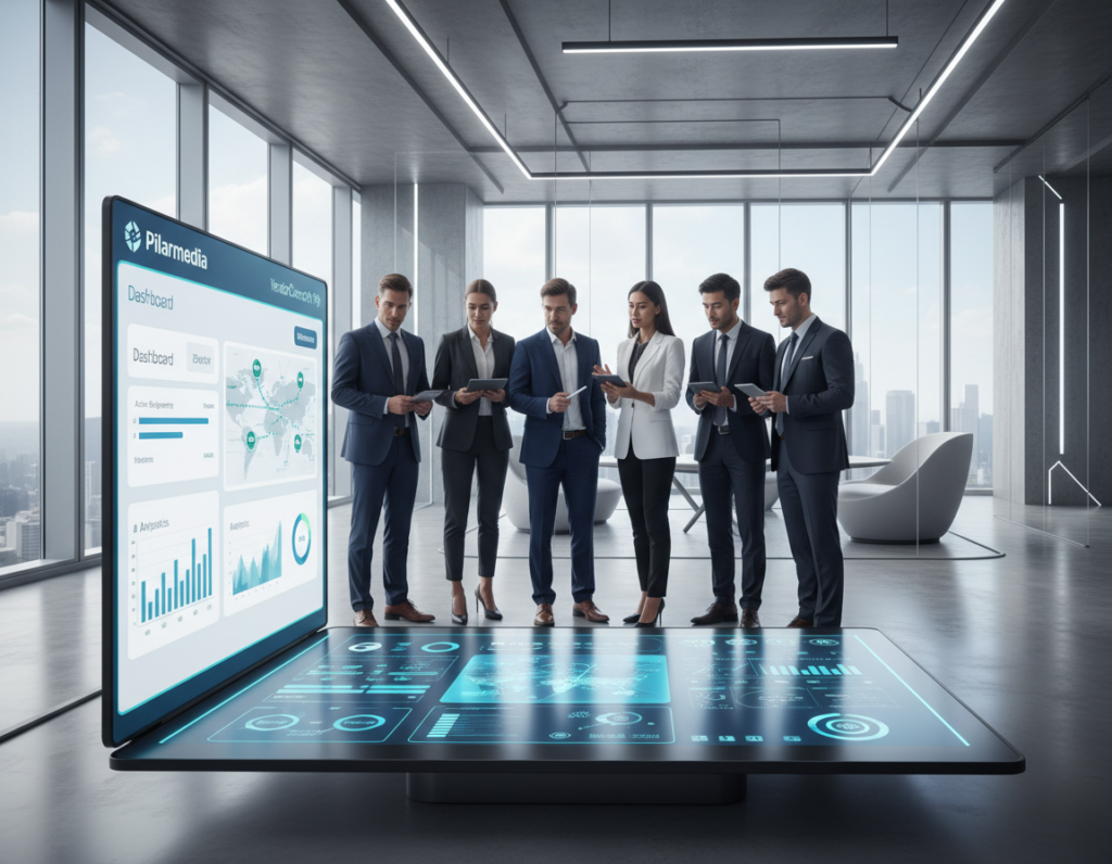 A modern digital vendor management system for logistics, showcasing a sleek, user-friendly interface displayed on a large touchscreen in the foreground. In the middle, a group of diverse professionals in smart business attire, deeply engaged in discussion and pointing at the screen, embodying collaboration and innovation. The background features a futuristic office setting with large windows allowing natural light to flood in, casting soft reflections on the polished surfaces. The atmosphere conveys a sense of efficiency and technological advancement. The color palette is bright and vibrant, with hints of blue and green to symbolize growth and trust. Include the brand "Pilarmedia" subtly integrated into the interface design.