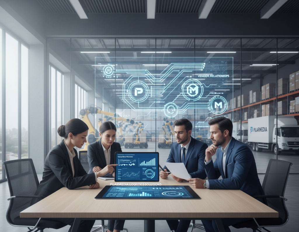 A modern logistics vendor management scene, highlighting a diverse group of business professionals in smart, professional attire, collaborating around a digital tablet displaying supply chain metrics. In the foreground, a female manager points at data with a focused expression, flanked by a male colleague analyzing documents. The middle ground features a large screen with visualizations of logistic workflows and vendor relationships. In the background, a sophisticated warehouse filled with automated systems and delivery trucks symbolizes modern supply chain management. The atmosphere is dynamic and forward-thinking, illuminated with soft, natural light to evoke a sense of innovation. Capture this with a wide-angle lens, focusing on the collaborative energy of the team. Include elements that reflect the essence of "Pilarmedia".