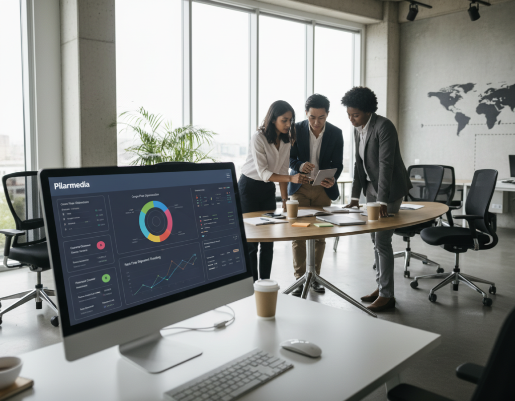 A modern office environment showcasing the essence of ERP for EMKL. In the foreground, a sleek computer screen displaying a colorful mockup of the ERP software branded "Pilarmedia," highlighting its dashboard with graphs and data analytics. In the middle ground, a professional business team composed of three diverse individuals in business attire, collaborating around a conference table, engaged in discussion about the software. The background features a contemporary office space with large windows allowing natural light to flood in, creating a bright and inviting atmosphere. The mood is dynamic and focused, emphasizing teamwork and innovation in technology. Soft, diffused lighting enhances the professionalism of the scene, with a wide-angle view to capture the collaborative spirit of the workspace. A modern office environment showcasing the essence of ERP for EMKL. In the foreground, a sleek computer screen displaying a colorful mockup of the ERP software branded "Pilarmedia," highlighting its dashboard with graphs and data analytics. In the middle ground, a professional business team composed of three diverse individuals in business attire, collaborating around a conference table, engaged in discussion about the software. The background features a contemporary office space with large windows allowing natural light to flood in, creating a bright and inviting atmosphere. The mood is dynamic and focused, emphasizing teamwork and innovation in technology. Soft, diffused lighting enhances the professionalism of the scene, with a wide-angle view to capture the collaborative spirit of the workspace.