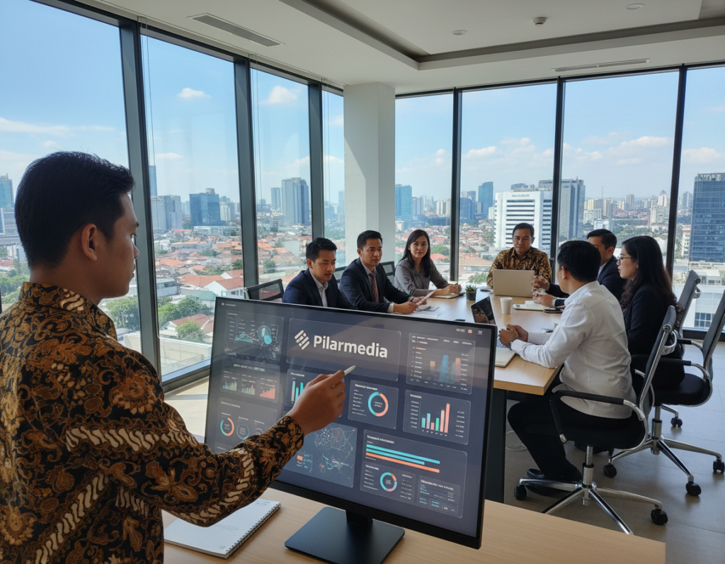 A modern office scene showcasing the importance of ERP for EMKL businesses in Indonesia. In the foreground, a professional in business attire interacts with a sleek, digital mockup of an ERP system branded "Pilarmedia" on a large touchscreen display, examining data analytics visually depicted with bright graphs and charts. In the middle ground, a diverse team of professionals gathers around a conference table, collaborating and discussing strategies, with notepads and laptops open, reflecting an atmosphere of innovation and teamwork. The background features large windows with a cityscape view, suggesting a bustling business environment under natural light, creating a vibrant and forward-thinking mood. The camera angle is slightly angled, capturing engagement in the workplace while emphasizing the digital tools that drive modern business efficiency. A modern office scene showcasing the importance of ERP for EMKL businesses in Indonesia. In the foreground, a professional in business attire interacts with a sleek, digital mockup of an ERP system branded "Pilarmedia" on a large touchscreen display, examining data analytics visually depicted with bright graphs and charts. In the middle ground, a diverse team of professionals gathers around a conference table, collaborating and discussing strategies, with notepads and laptops open, reflecting an atmosphere of innovation and teamwork. The background features large windows with a cityscape view, suggesting a bustling business environment under natural light, creating a vibrant and forward-thinking mood. The camera angle is slightly angled, capturing engagement in the workplace while emphasizing the digital tools that drive modern business efficiency.