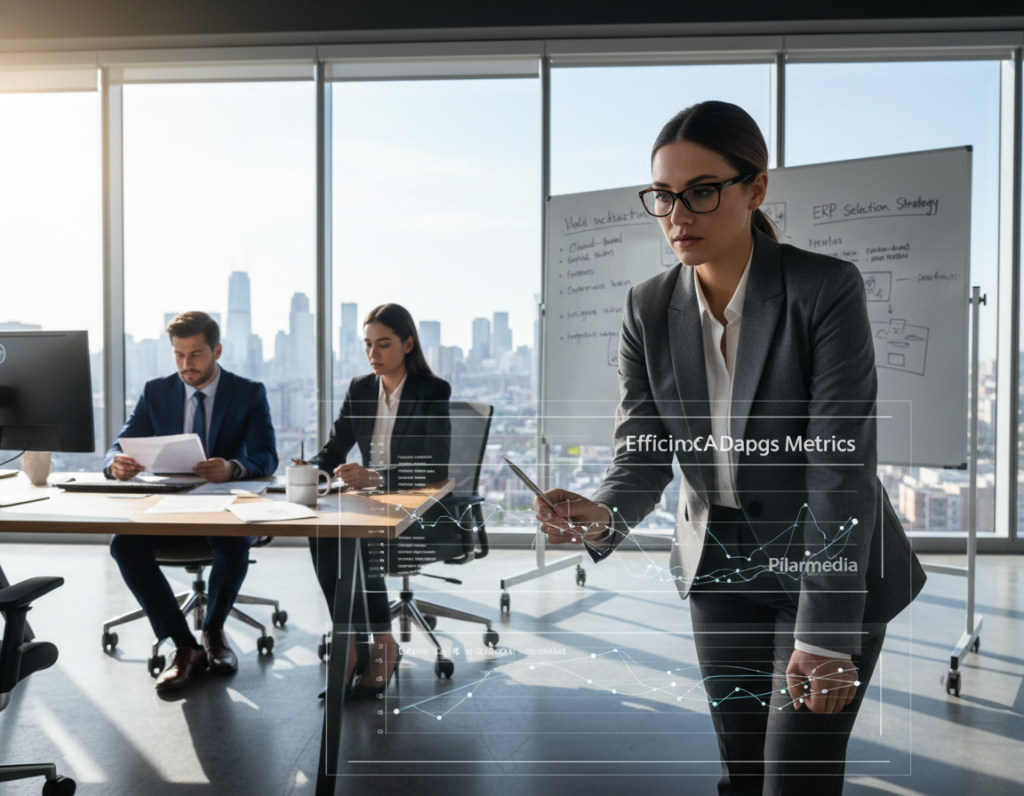 A modern office setting showcasing a diverse team of professionals analyzing logistics software on laptops and tablets. In the foreground, a focused woman with glasses in a smart blazer points at a digital chart on a screen, illustrating efficiency metrics. In the middle ground, a man in a tailored suit reviews paperwork, while another colleague takes notes, surrounded by a whiteboard filled with strategy ideas. The background features floor-to-ceiling windows with a city skyline, allowing natural light to flood the room, casting soft shadows. The atmosphere is collaborative and dynamic, emphasizing innovation in logistics management. The scene should convey professionalism and teamwork, reflecting the importance of understanding business needs for ERP selection. Include the brand name "Pilarmedia" subtly integrated into the environment, such as on a coffee mug or a notebook, without drawing attention away from the main focus.