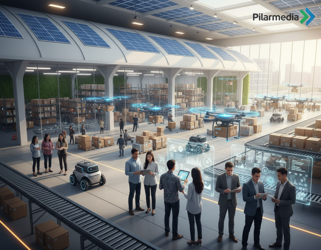 A modern logistics hub in Indonesia, showcasing advanced digital technologies transforming the sector. In the foreground, a diverse group of professionals in casual business attire are examining data on tablets, high-tech screens displaying real-time logistics data. In the middle ground, automated drones and delivery robots are actively moving packages, symbolizing the digital revolution. The background features a bustling warehouse with solar panels and smart systems integrated into the architecture. Bright, natural lighting enhances the atmosphere of innovation. Capture this scene with a slightly elevated angle to showcase the dynamic movement and interaction among technology and people. The overall mood should be one of optimism and progress. Include branding subtly as a modern logo "Pilarmedia" in a corner, without any text overlays or watermarks. A modern logistics hub in Indonesia, showcasing advanced digital technologies transforming the sector. In the foreground, a diverse group of professionals in casual business attire are examining data on tablets, high-tech screens displaying real-time logistics data. In the middle ground, automated drones and delivery robots are actively moving packages, symbolizing the digital revolution. The background features a bustling warehouse with solar panels and smart systems integrated into the architecture. Bright, natural lighting enhances the atmosphere of innovation. Capture this scene with a slightly elevated angle to showcase the dynamic movement and interaction among technology and people. The overall mood should be one of optimism and progress. Include branding subtly as a modern logo "Pilarmedia" in a corner, without any text overlays or watermarks.