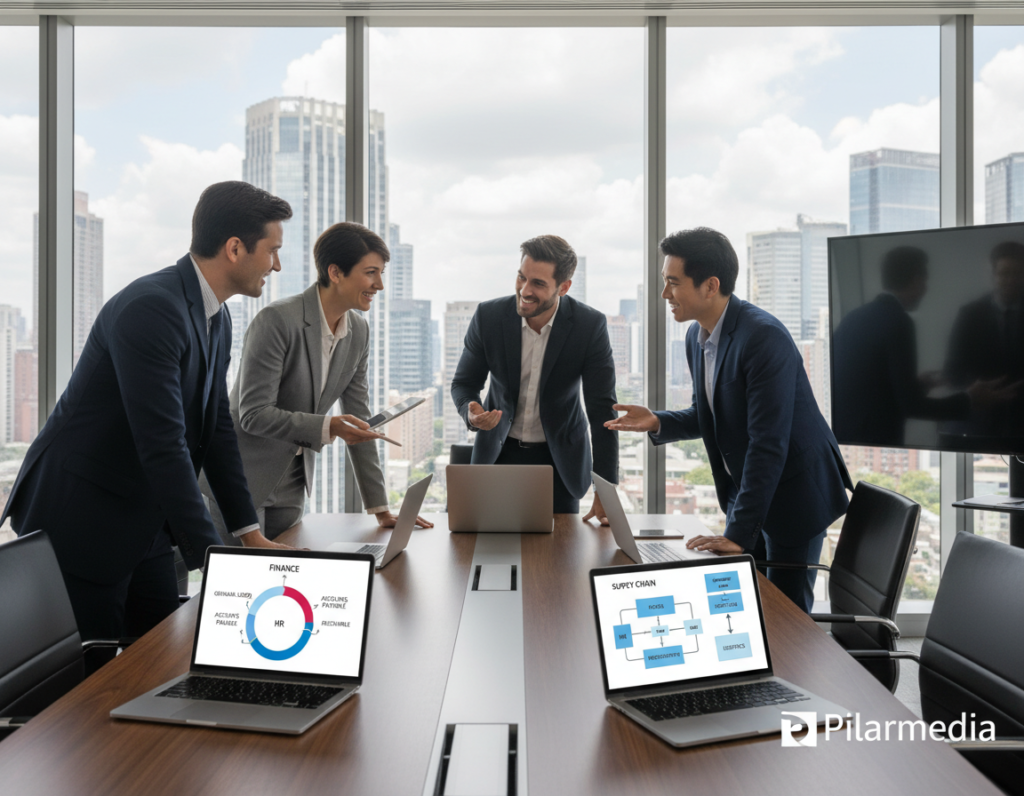 A modern, professional office space serves as the backdrop, featuring a sleek conference table at the foreground. On the table, open laptops display vibrant charts and diagrams representing various components of ERP systems, such as finance, HR, and supply chain management. In the middle ground, a diverse group of business professionals in smart attire, including men and women, engage in a collaborative discussion, pointing towards the screens and sharing ideas. The background showcases large windows with a cityscape view, filled with soft natural light illuminating the room. The atmosphere is dynamic, emphasizing teamwork and the importance of defining ERP scope in system implementation. Add a subtle branding element for "Pilarmedia" in the image to enhance relevance.