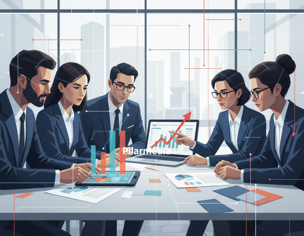 A professional business meeting scene illustrating the complexities of ERP implementation cost overrun. In the foreground, a diverse group of professionals dressed in business attire, analyzing charts and graphs on a digital tablet. In the middle, a large table cluttered with documents and a laptop displaying a budget breakdown, with one person pointing at a red upward arrow symbolizing increased expenses. The background features a modern office space with glass walls, allowing natural light to illuminate the room, creating a bright and focused atmosphere. The overall mood is serious and analytical, reflecting the challenges faced in digital project management. Incorporate the brand name "Pilarmedia" subtly within the imagery, possibly on a document.
