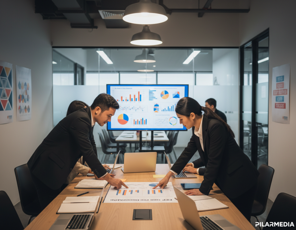A professional office environment showcasing a diverse team of business professionals gathered around a collaborative workspace. In the foreground, a male and female consultant, dressed in smart business attire, analyze a large document labeled "ERP Scope Documentation" spread out on a sleek wooden table. The middle ground features a digital screen displaying colorful graphs and flowcharts related to ERP implementation, surrounded by notepads and laptops. In the background, modern office decor, including glass meeting rooms and motivational posters. The atmosphere is focused and dynamic, with warm lighting illuminating the workspace, suggesting professionalism and collaboration. The image shows a sense of determination and clarity as they embark on defining the scope of the ERP system. Model poster by Pilarmedia.