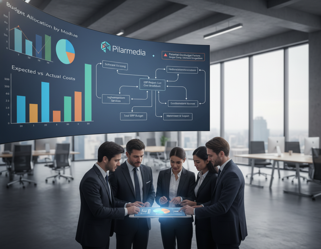 A professional setting illustrating an ERP budget planning process, featuring a detailed flowchart showing the various stages of ERP project cost breakdown. In the foreground, a diverse group of business professionals in smart attire, collaboratively discussing on a digital tablet. The middle layer displays a large wall screen showcasing graphs and charts related to ERP costs and budget allocations. In the background, an office environment filled with modern furniture and large windows creating a bright atmosphere. Utilize soft natural lighting to convey a focus on teamwork and analysis. The brand name "Pilarmedia" is subtly integrated into the design without text overlay. This composition communicates the complexity and importance of budgeting in ERP system implementation, emphasizing the critical factors that could lead to overbudgeting.